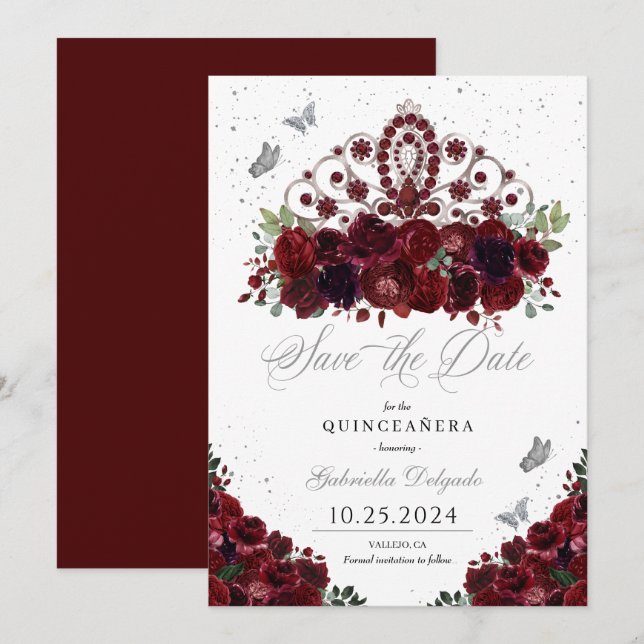 Burgundy & Silver Tiara Save The Date Quinceañera Invitation (Front/Back)