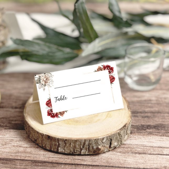 Burgundy & Silver Watercolor Floral  Wedding Place Card (Burgundy & Silver Watercolor Floral Wedding Place Card)