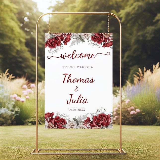 Burgundy Silver Watercolor Floral Wedding Welcome Poster (Burgundy Silver Watercolor Floral Wedding Welcome Poster)