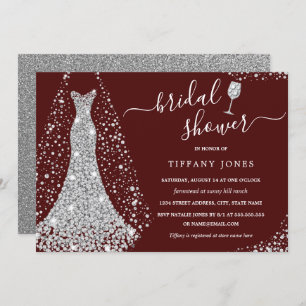 Burgundy Silver Wedding Dress Bridal Shower Invitation