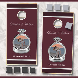 Burgundy Silver Wedding Photo Ring Cornhole Set
