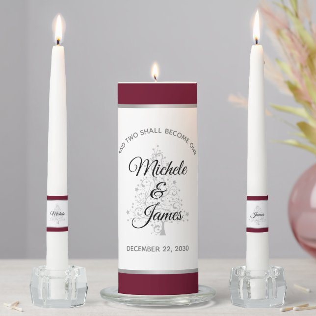 Burgundy Silver Winter Holiday Wedding Ceremony Unity Candle Set (In Situ)