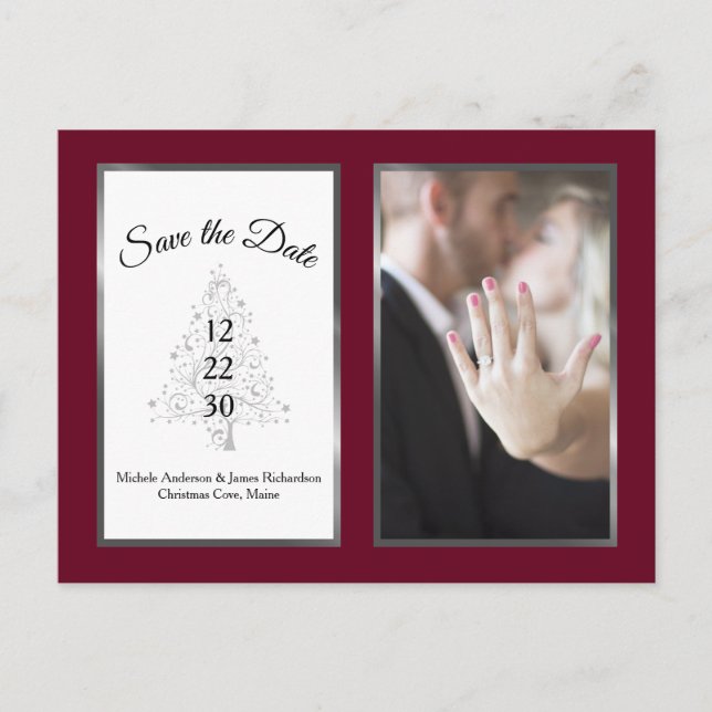 Burgundy Silver Winter Wedding Save The Date Photo Announcement Postcard (Front)