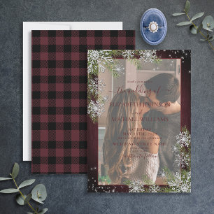 Burgundy Silver Wood Plaid Vellum Photo Wedding Invitation