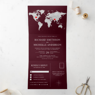 Burgundy Silver World Map All in One Wedding Tri-Fold Invitation