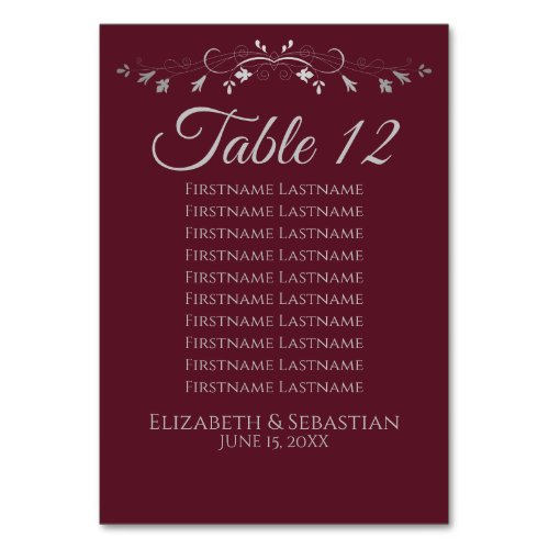 Burgundy SilverFlourish Wedding Seating Chart Table Number