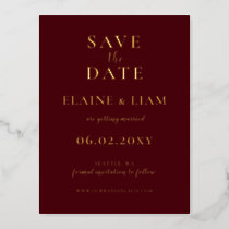 Burgundy Simple Calligraphy Luxe Save The Date  Foil Invitation Postcard
