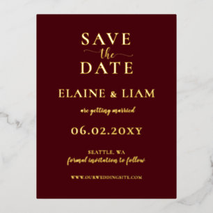 Burgundy Simple Calligraphy Luxe Save The Date  Foil Invitation Postcard