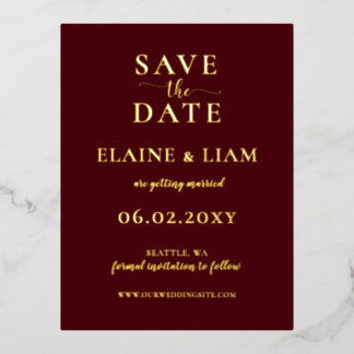 Burgundy Simple Calligraphy Luxe Save The Date Foil Invitation Postcard