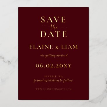 Burgundy Simple Calligraphy Luxe Save The Date  Foil Invitation Postcard