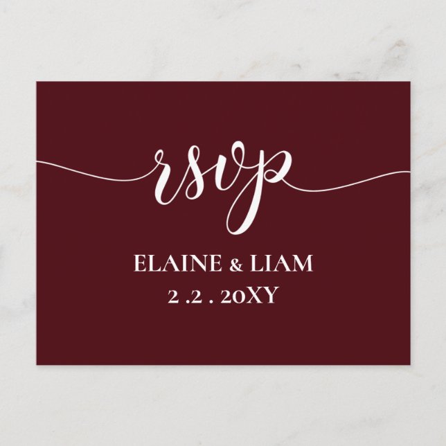 Burgundy Simple Calligraphy Modern RSVP Invitation Postcard (Front)