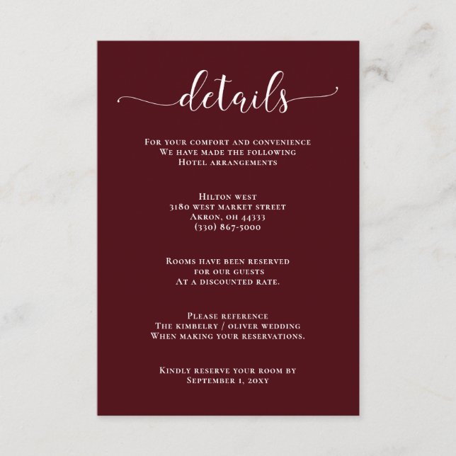 Burgundy Simple Calligraphy Modern Wedding  Enclosure Card (Front)