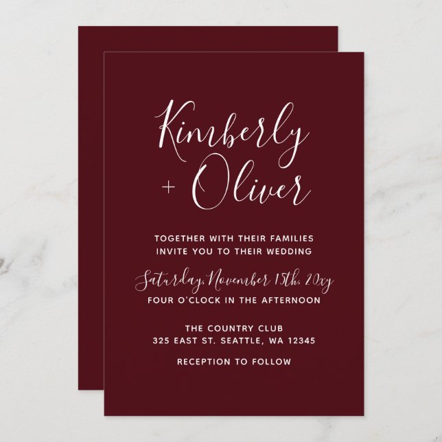 Burgundy Simple Calligraphy Modern Wedding  Invitation (Front/Back)