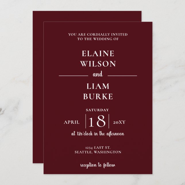 Burgundy Simple Calligraphy Modern Wedding Invitation (Front/Back)