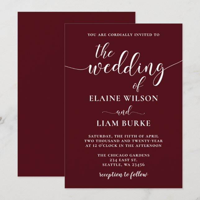 Burgundy Simple Calligraphy Modern Wedding  Invitation (Front/Back)