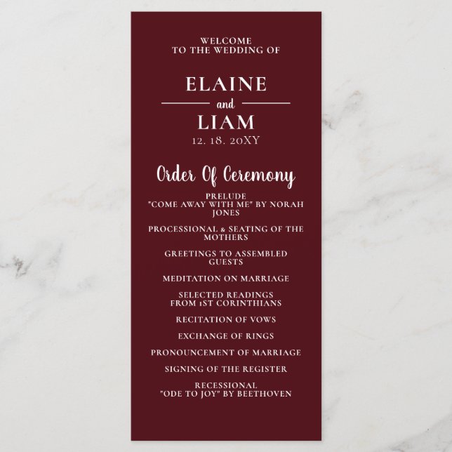 Burgundy Simple Calligraphy Modern Wedding  Program (Front)