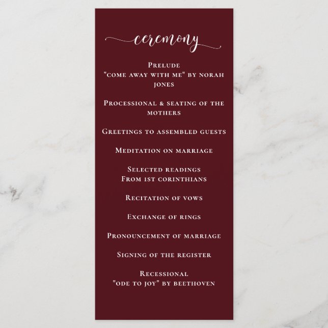Burgundy Simple Calligraphy Modern Wedding  Program (Front)