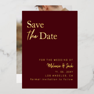 Burgundy Simple Calligraphy Photo Save The Date Foil Invitation