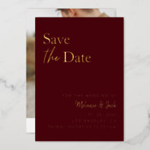 Burgundy Simple Calligraphy Photo Save The Date Foil Invitation