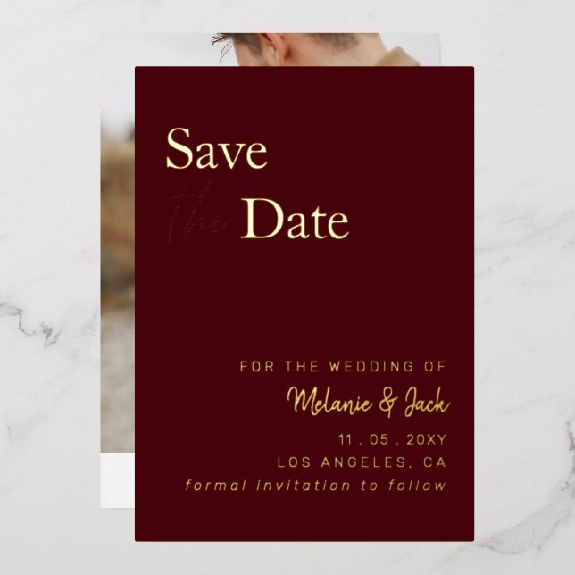 Burgundy Simple Calligraphy Photo Save The Date Foil Invitation (Front/Back)