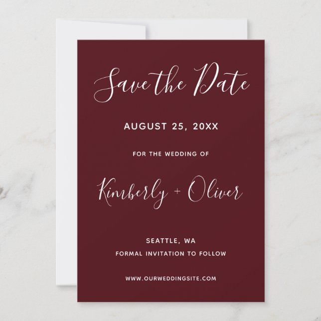 Burgundy Simple Calligraphy Save the Date (Front)