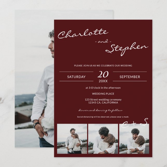 Burgundy simple casual initials 4 photos wedding invitation (Front/Back)