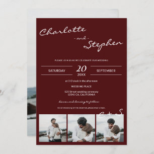 Burgundy simple casual initials 4 photos wedding invitation