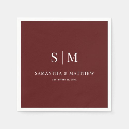 Burgundy Simple Elegant Couple Initials Wedding Napkins