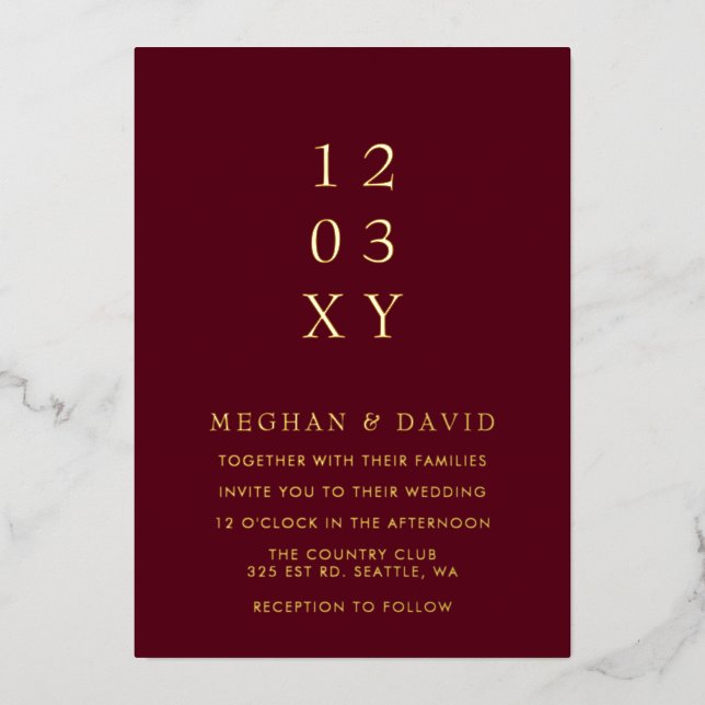 Burgundy Simple Elegant Modern Wedding  Foil Invitation (Front)