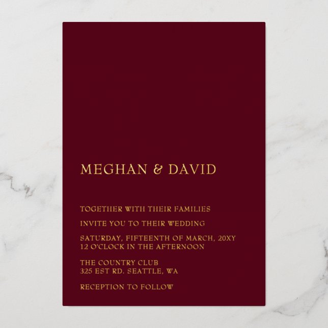 Burgundy Simple Elegant Modern Wedding   Foil Invitation (Front)