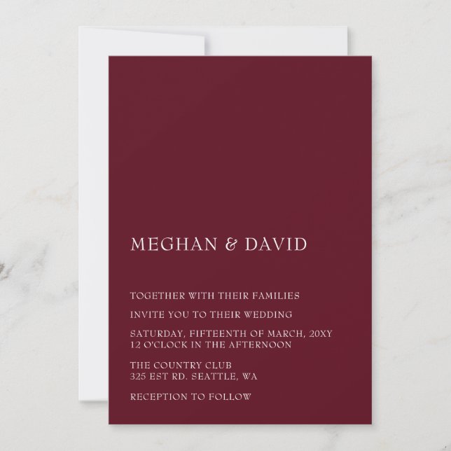 Burgundy Simple Elegant Modern Wedding  Invitation (Front)