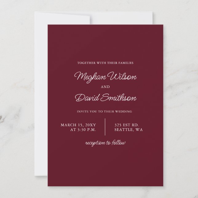 Burgundy Simple Elegant Modern Wedding  Invitation (Front)