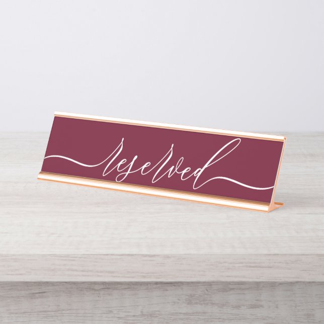 Burgundy Simple Minimalist Script Table Reserved Desk Name Plate (Front)
