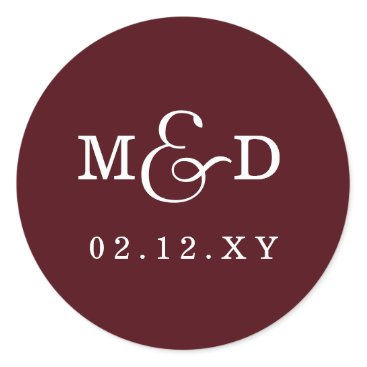 Burgundy Simple Modern Monogram Wedding Classic Round Sticker