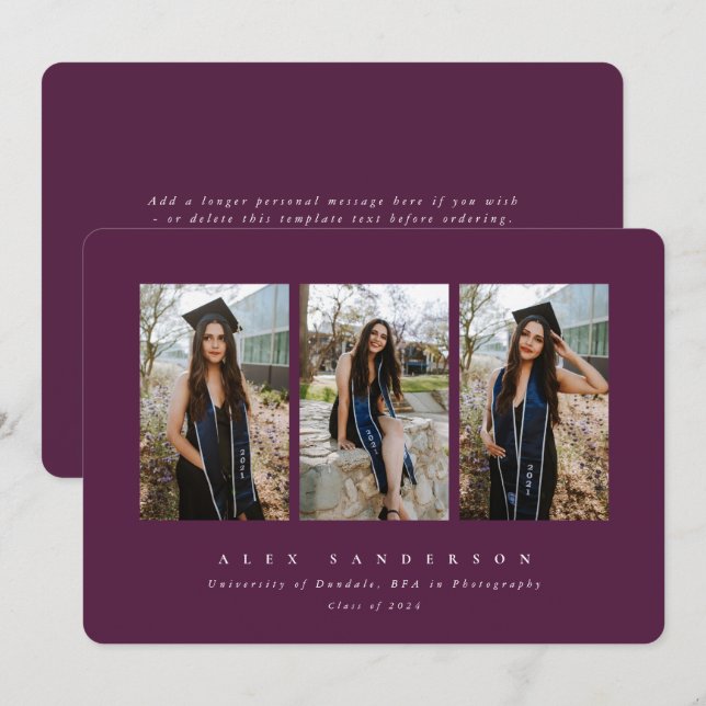 Burgundy Simple Modern Triple Photo Graduation Announcement (Front/Back)