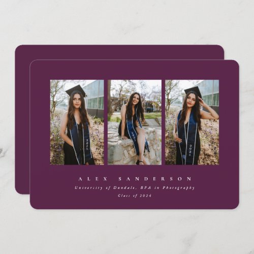 Burgundy Simple Modern Triple Photo Graduation Announcement