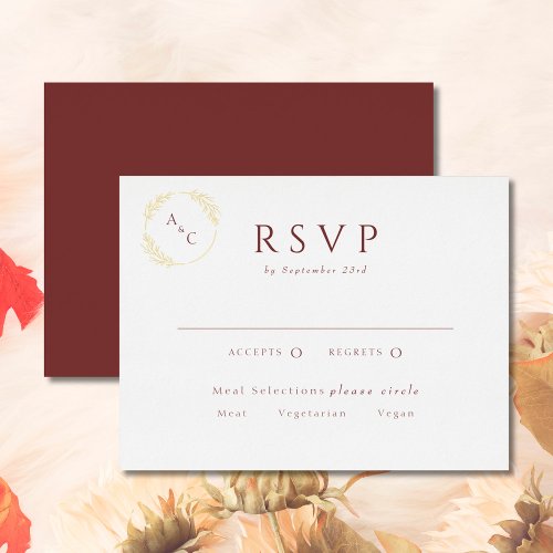 Burgundy Simple Monogram Leaves RSVP Gold Foil Invitation Postcard