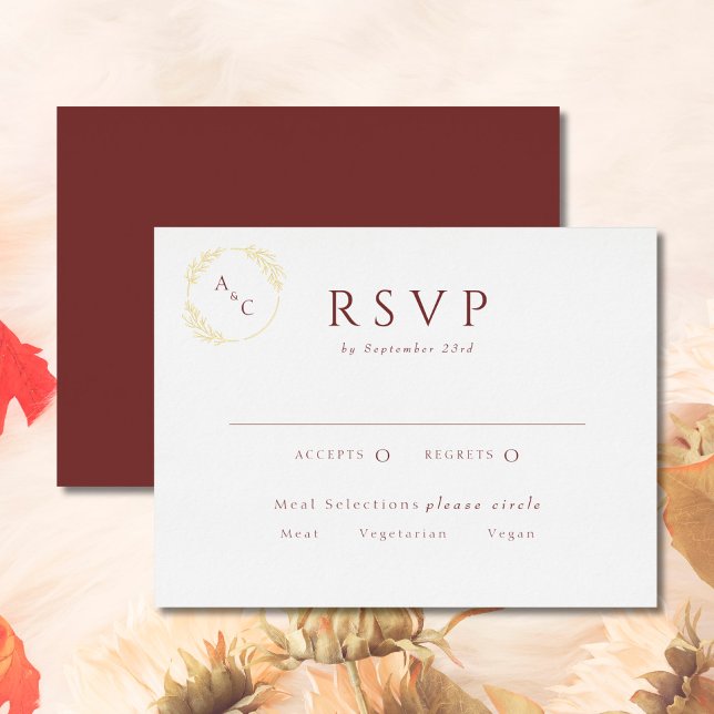 Burgundy Simple Monogram Leaves RSVP Gold Foil Invitation Postcard (Creator Uploaded)