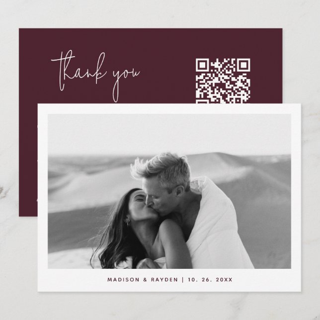 Burgundy Simple Photo QR Code Wedding Thank You Card (Front/Back)