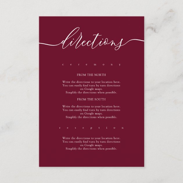 Burgundy Simple Wedding Directions Enclosure Card