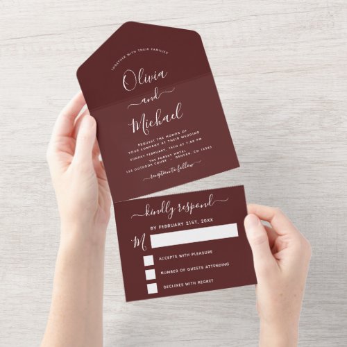 Burgundy Simple Wedding Modern Typography Romantic All In One Invitation