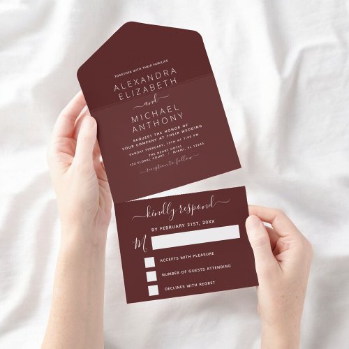 Burgundy Simple Wedding Modern Typography Romantic All In One Invitation