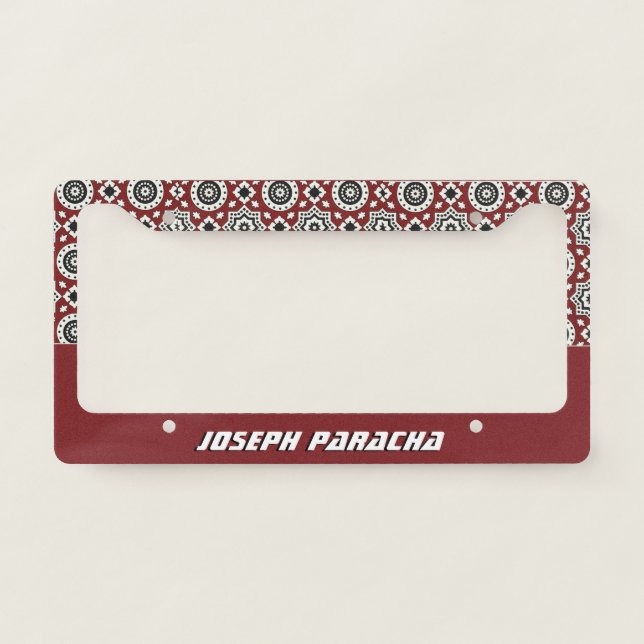 Burgundy Sindhi Ajrak Pattern Name License Plate Frame (Front)
