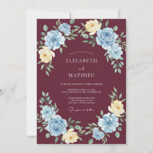 Burgundy Sky Blue Floral Romantic Wedding Invitation