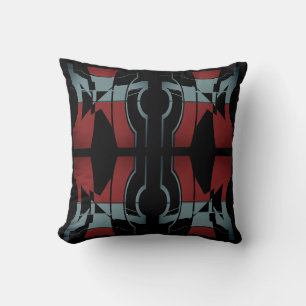 Burgundy Slate Blue Black Curved Symmetrical Motif Throw Pillow