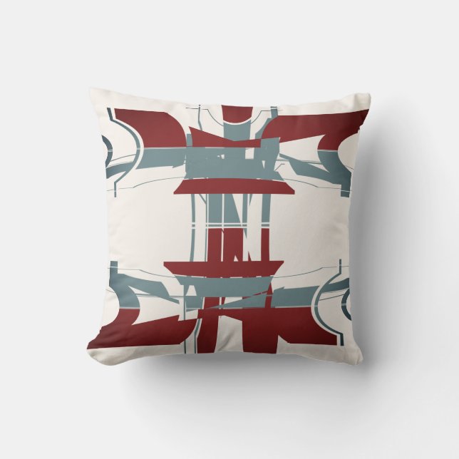 Burgundy Slate Blue Off-White Geometric Art Design Throw Pillow (Front)