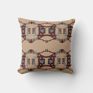 Burgundy Slate Blue on Dark Tan Large Mosaic Tiles Throw Pillow