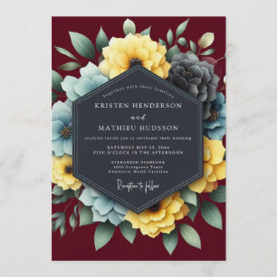 Burgundy & Slate Dramatic Bloom Wedding Invitation
