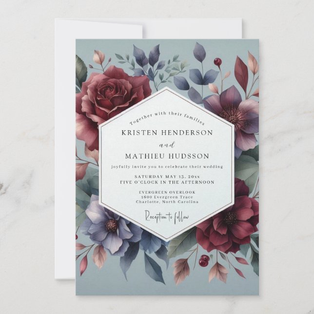 Burgundy & Slate Moody Bloom Wedding Invitation (Front)