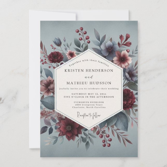 Burgundy Slate Moody Bloom Wedding Invitation (Front)